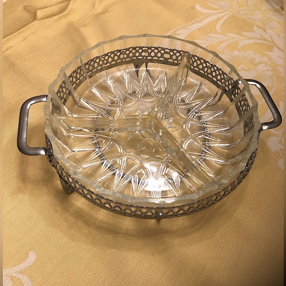 Vintage 1970’s, 2 piece divided antipasto round crystal/cut glass serving dish